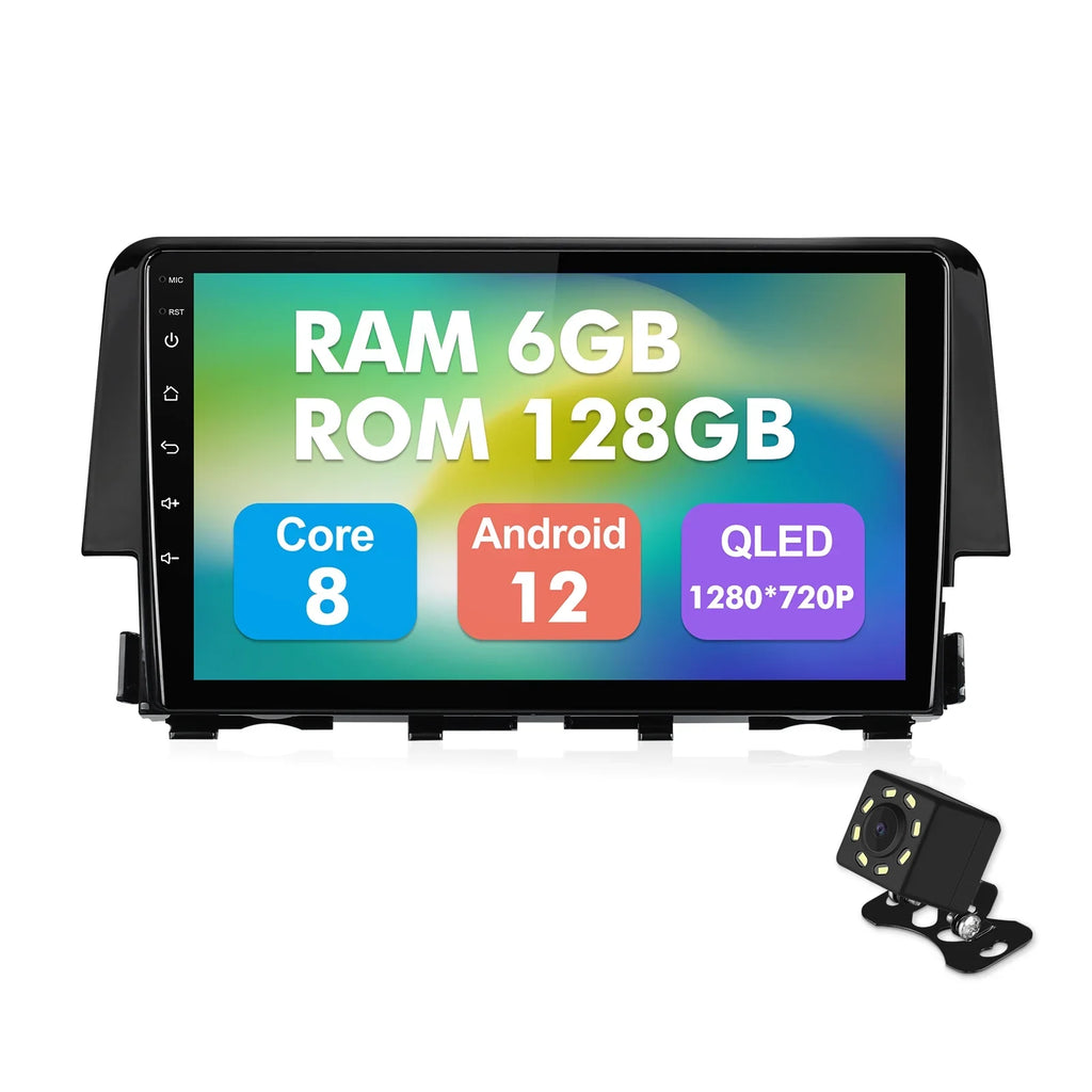 6+128G Android 12 Double Din Car Stereo for Honda Civic 2016-2020 with 9 Inch Display Radio Built-in Wireless Carplay/Android Auto AUX-in SWC Backup Camera