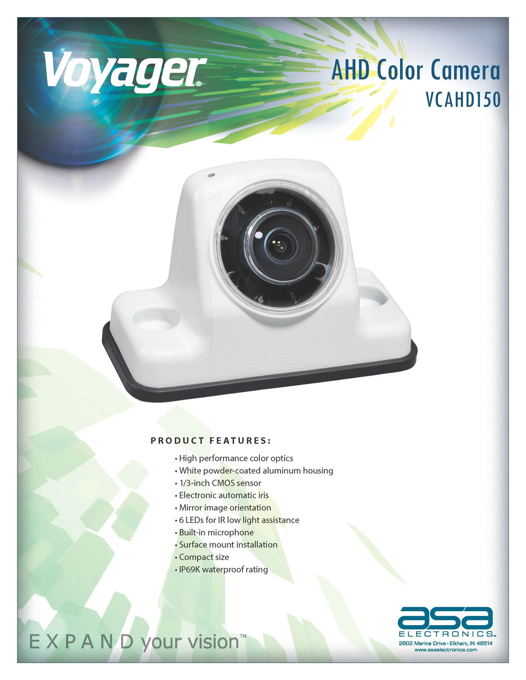 Voyager VCAHD150 Vehicle Surface Mount Heavy Duty AHD Rear Color Camera w/ Night Vision, 160-Degree Viewing Angle, IR LED Low Light Assist, White Impact Resistant Aluminum Housing, IP69K Liquid