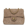 Pre-Owned Authenticated Chanel Classic Mini Square Single Flap Suede Leather Brown Crossbody Bag Unisex (Good)