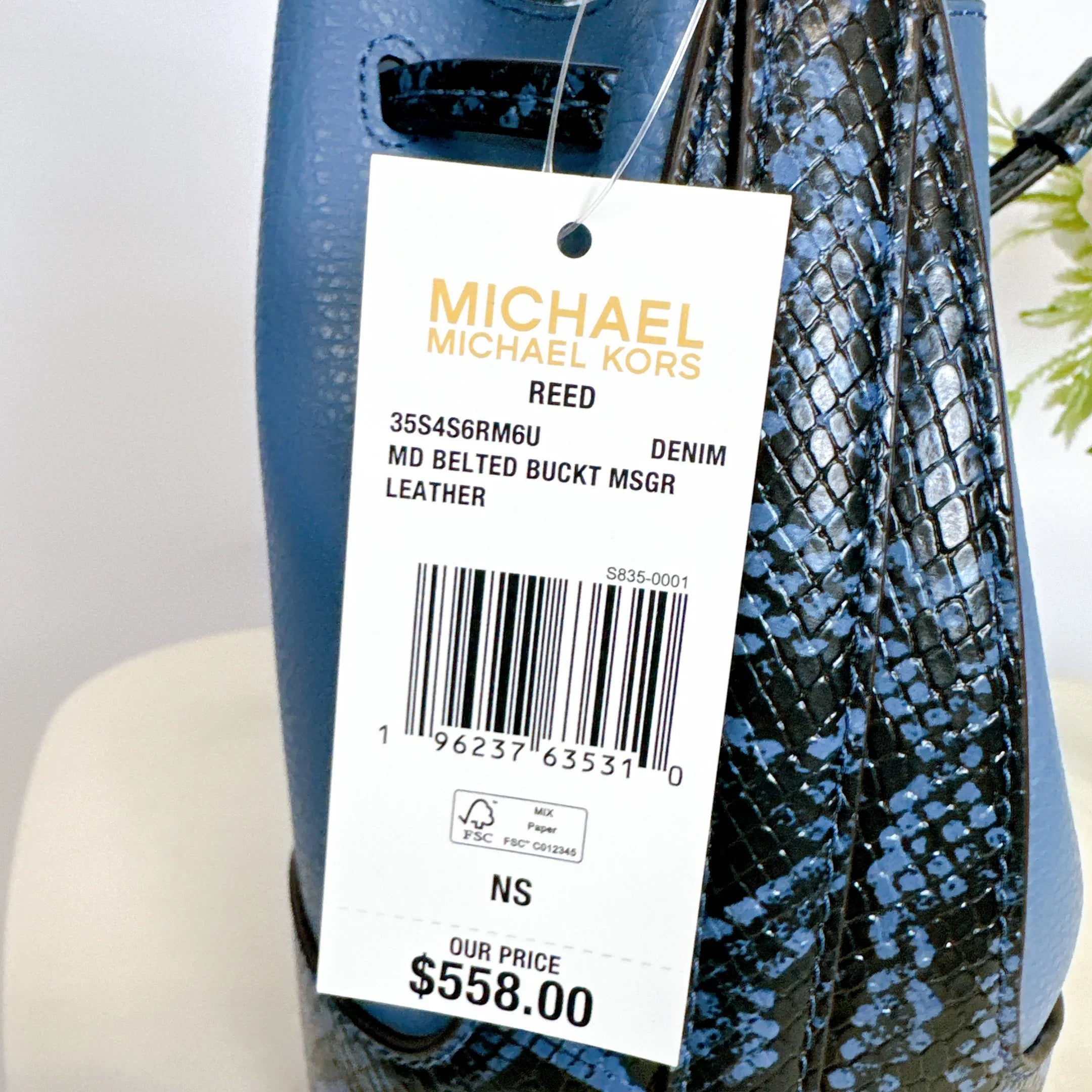 Michael Kors 35S4S6RM6U Reed Medium Leather Belted Bucket Crossbody Messenger IN DENIM