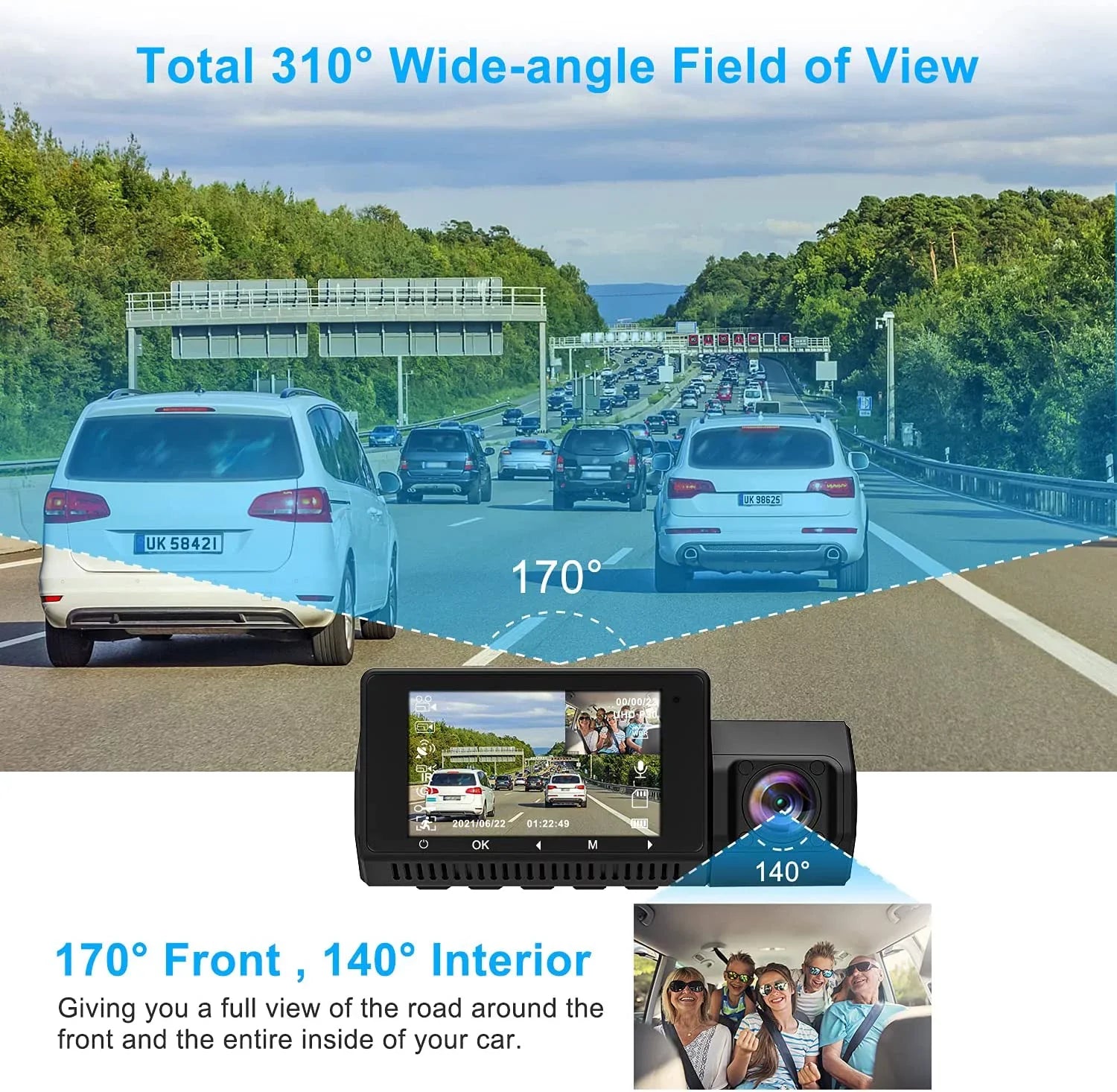 Abask A8 Dashcam Front and Inside 4K 1080P Dual cam - Angle 170°/140° With Night Vision，GPS，Parking Mode，G-Sensor，Loop Recording，WDR - With 32GB Card