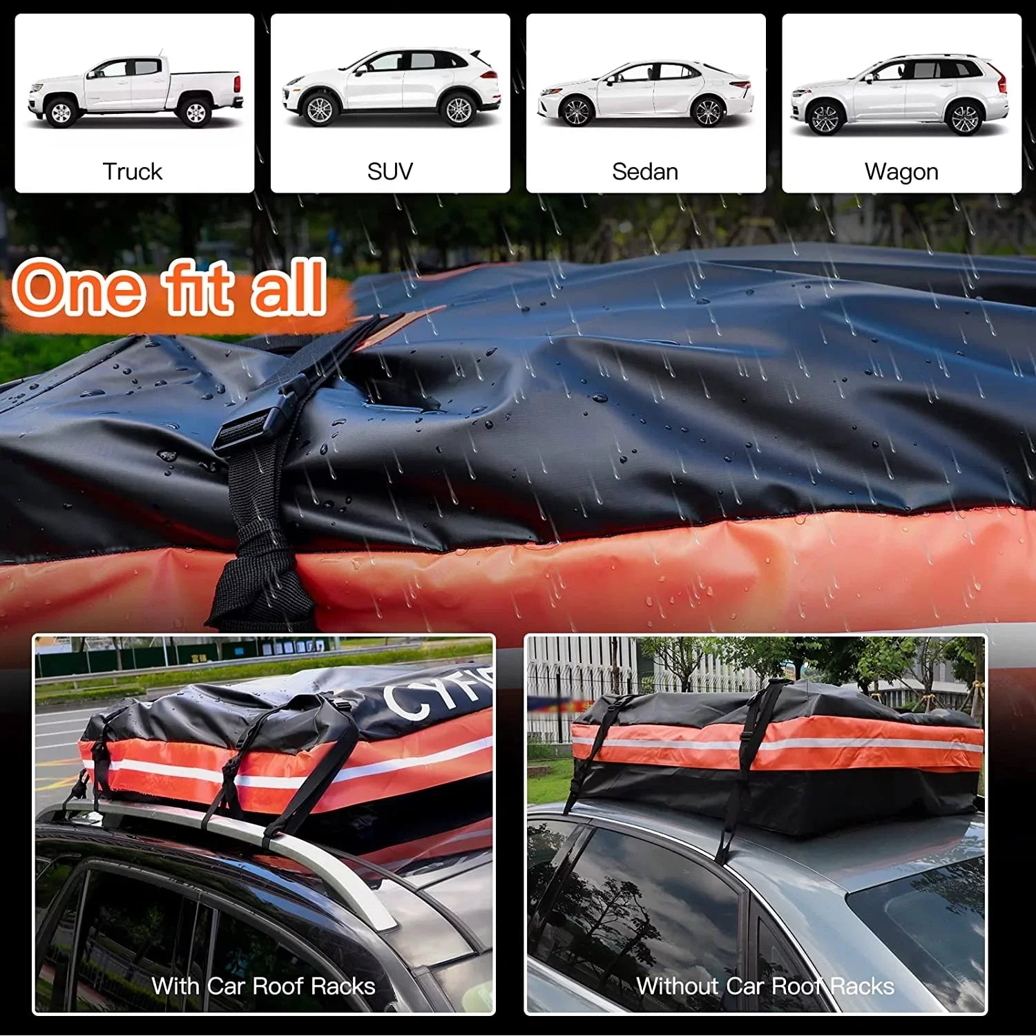 Cyfie Rooftop Cargo Bag for Car,SUV Car Top Carrier 15Cu. ft for All Cars with/Without Rack, Fluid & Tearproof, Includes Anti-Slip Mat, 8 Reinforced Straps, 6 Door Hooks, Storage Bag
