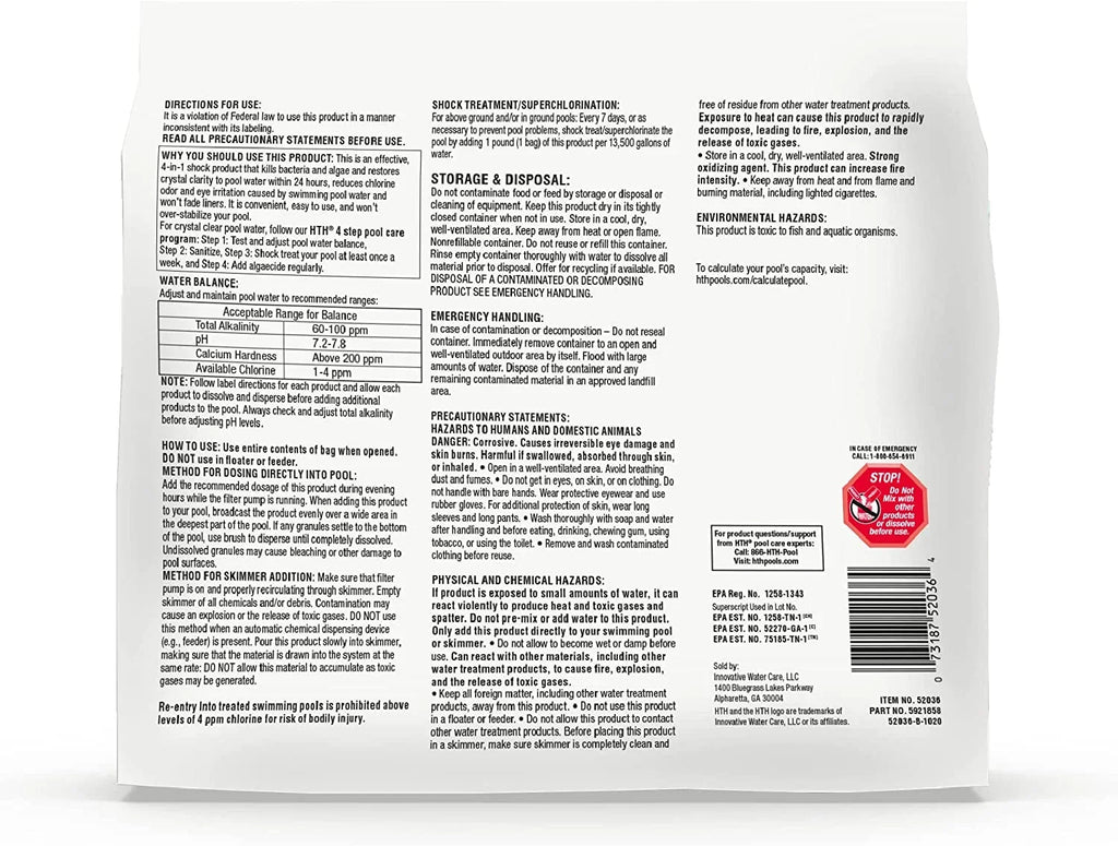 HTH Pool Care Shock Advanced, Swimming Pool Chemical Prevents Bacteria & Algae, Cal Hypo Formula, 1 lb (Pack of 6)