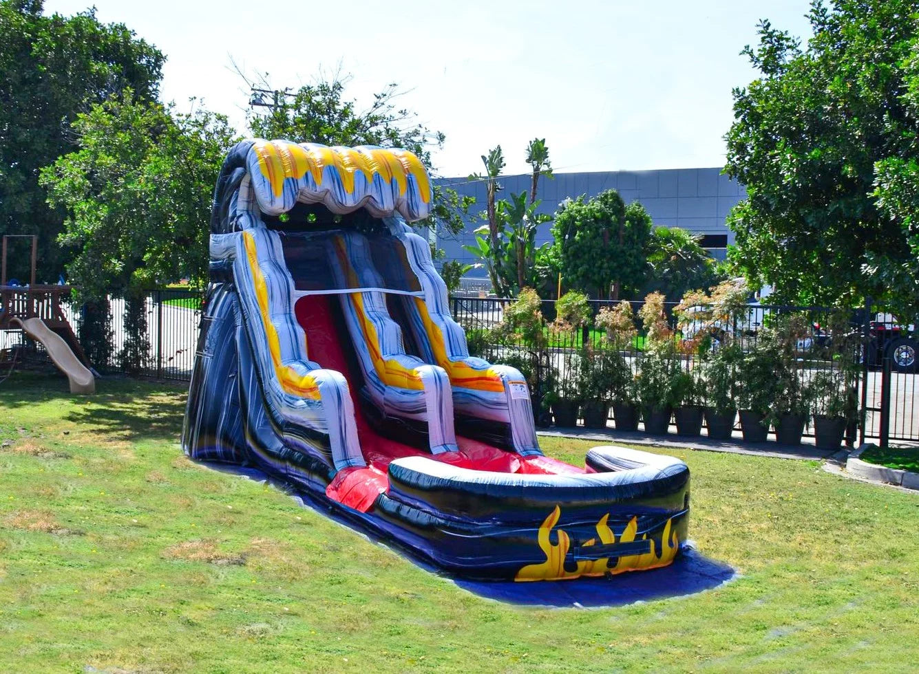 JumpOrange Commercial Grade Fluid Slide Inflatable with Splash Pool for Kids and Adults (with Blower), Flame Theme