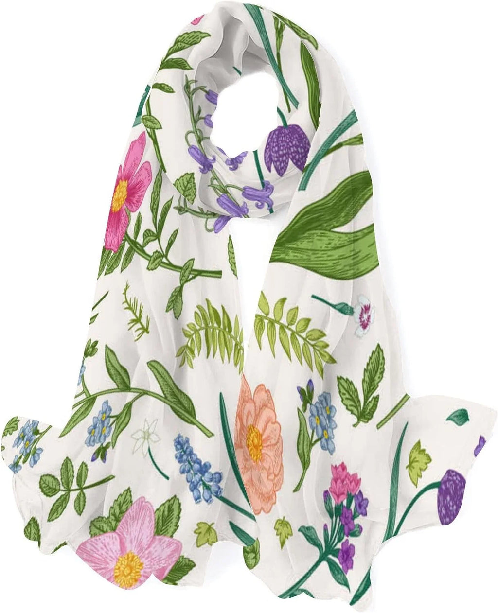 Hyjoy Meadow Flowers and Herbs Long Silk Neck Scarf Lightweight Shawl Wrap Scarves for Women Girls