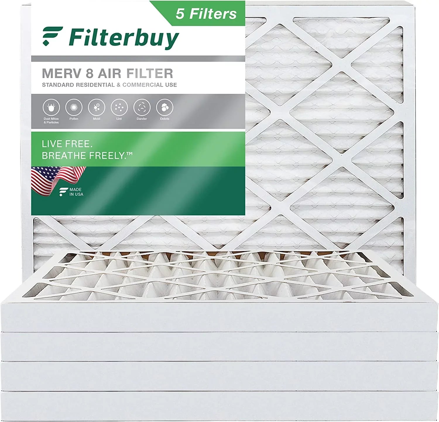 Filterbuy 18x24x2 MERV 8 Pleated HVAC AC Furnace Air Filters (5-Pack)