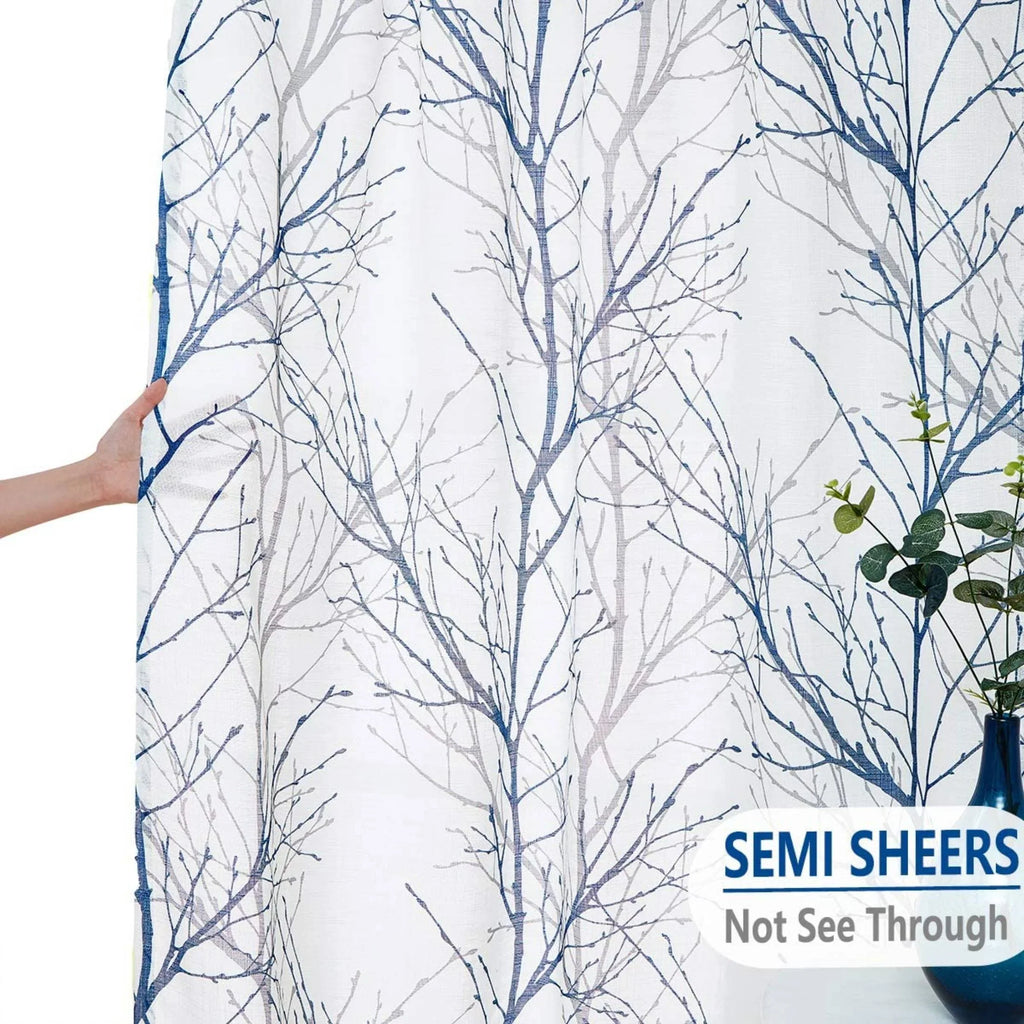 Decoultimatex White Sheer Curtain for Living Room Blue Gray Tree Branches Print Window Curtain Panels Set Linen Textured Semi Sheer Drapes for Bedroom, Grommet, 52"x84"x2