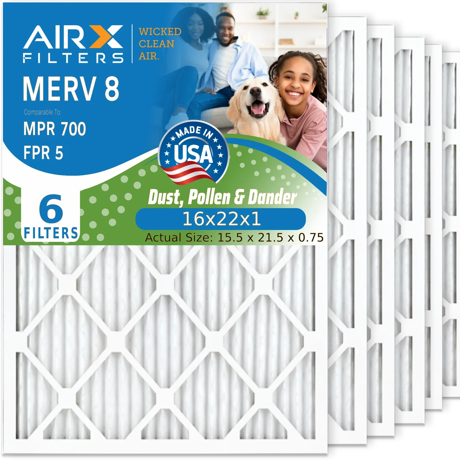 16x22x1 Air Filter MERV 8 Comparable to MPR 700 & FPR 5 Electrostatic Pleated Air Conditioner Filter 6 Pack HVAC AC Premium USA Made 16x22x1 Furnace Filters by AIRX FILTERS WICKED CLEAN AIR.