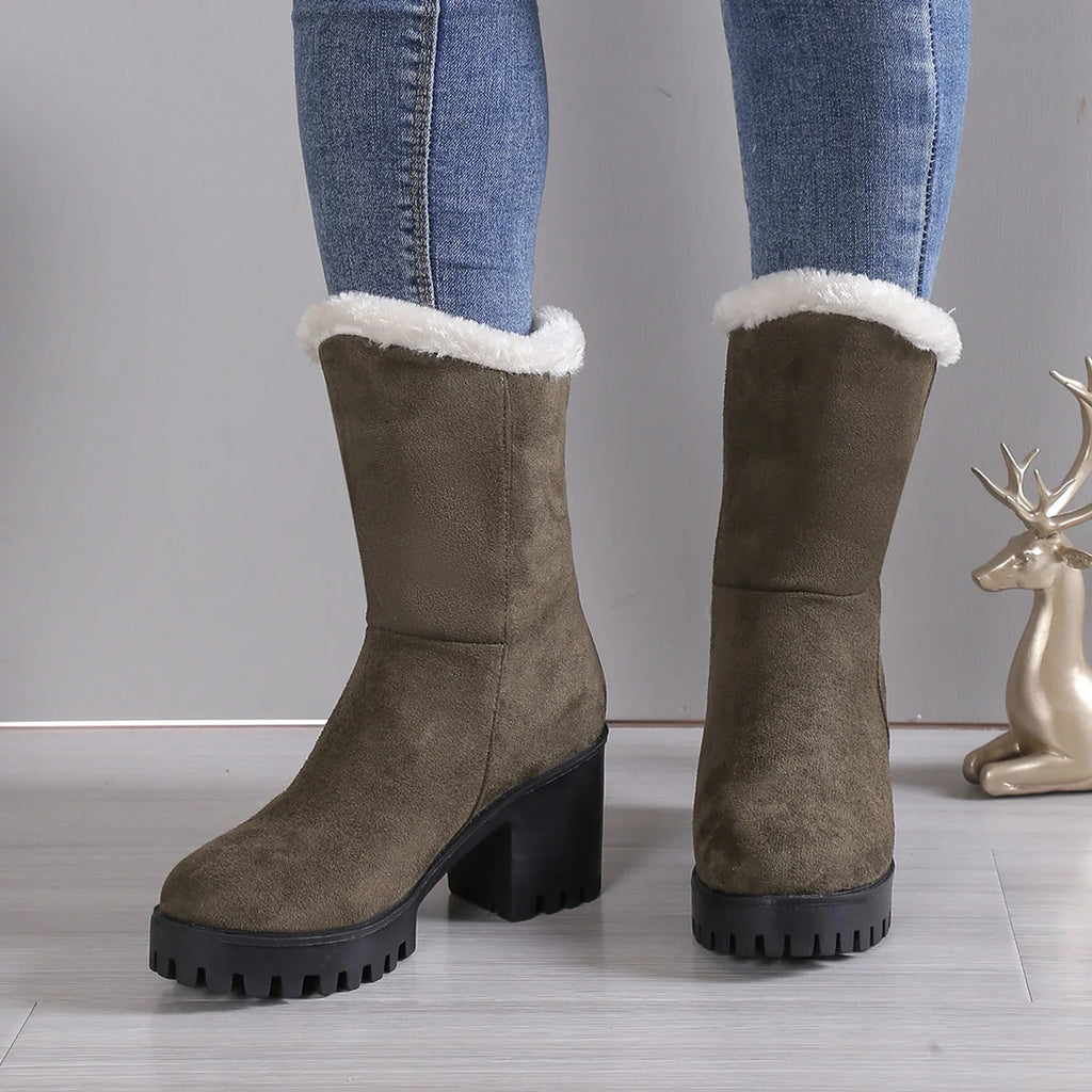 Wide Womens Hiking Boots Ladies Fashion Winter Plush Warm Solid Suede Thick High Heel Cotton Boots