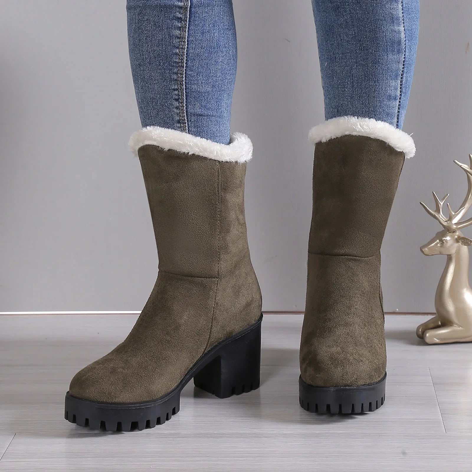 Wide Womens Hiking Boots Ladies Fashion Winter Plush Warm Solid Suede Thick High Heel Cotton Boots