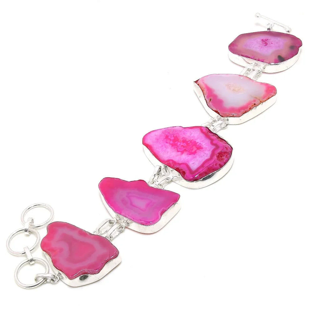 Pink Botswana Agate Gemstone Handmade Ethnic Gifted Bracelet Jewelry 7-8" SR 212