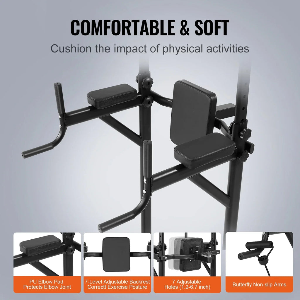 SKYSHALO Power Tower Dip Station, Heavy Duty Carbon Steel Frame Pull Up Bar Stand Power Rack w/ Backrest Elbow Pad, Height Adjustable Strength Training Equipment for Fitness Home Workout