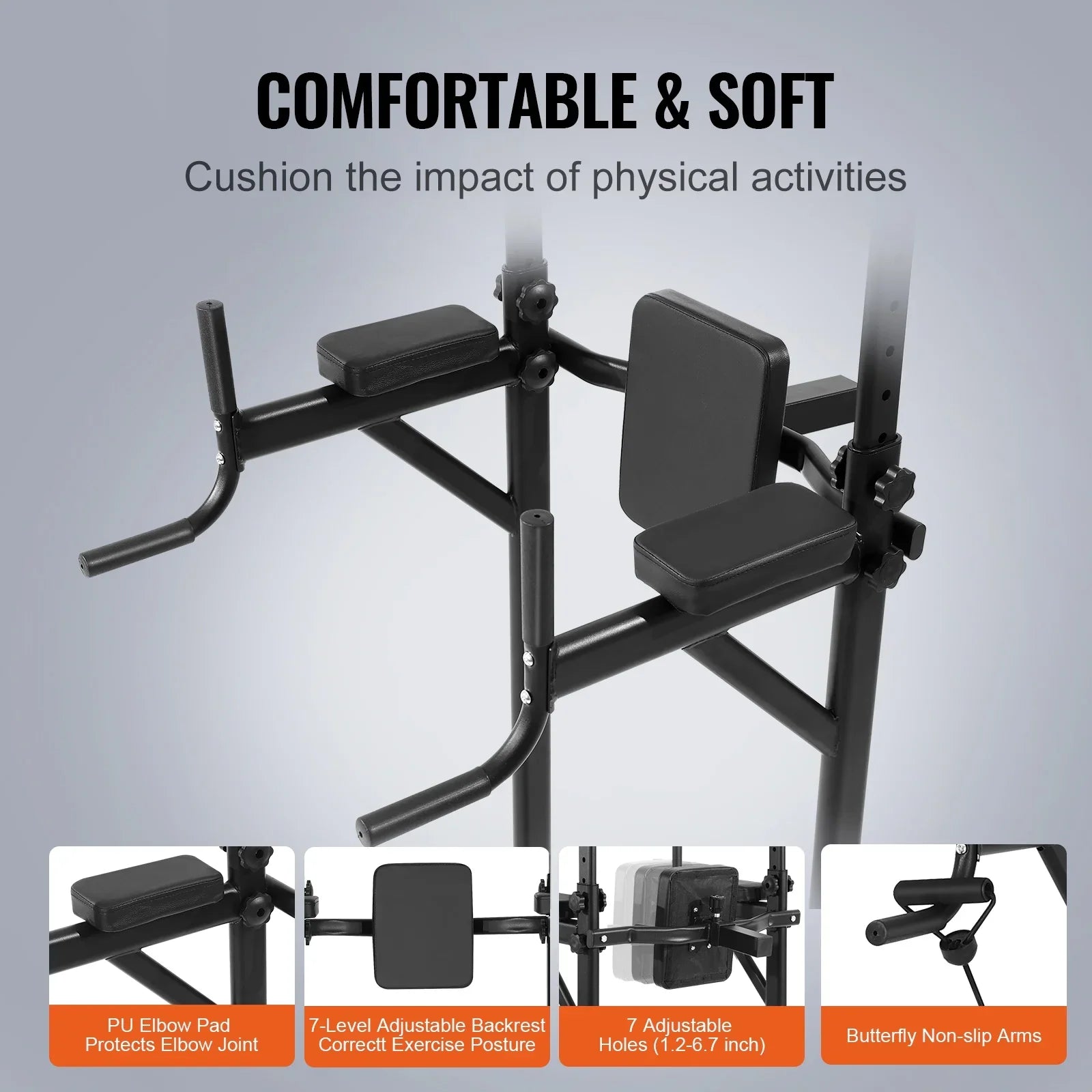 SKYSHALO Power Tower Dip Station, Heavy Duty Carbon Steel Frame Pull Up Bar Stand Power Rack w/ Backrest Elbow Pad, Height Adjustable Strength Training Equipment for Fitness Home Workout
