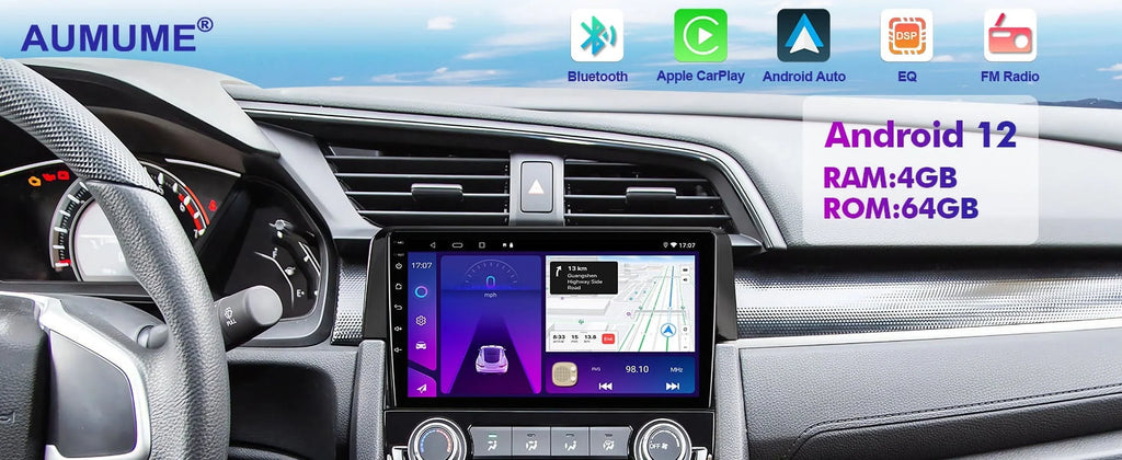 6+128G Android 12 Double Din Car Stereo for Honda Civic 2016-2020 with 9 Inch Display Radio Built-in Wireless Carplay/Android Auto AUX-in SWC Backup Camera