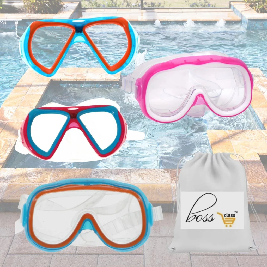 Summer Kids Eyes and Nose Safety Pool Goggles, Outdoor Fun UV Swim Masks Set of 4 & CUSTOM Storage Carrier (Color vary)