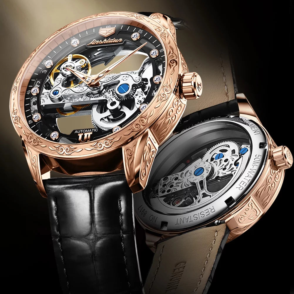 Men's Automatic Mechanical Transparent Skeleton Luminous Watch Rose Black