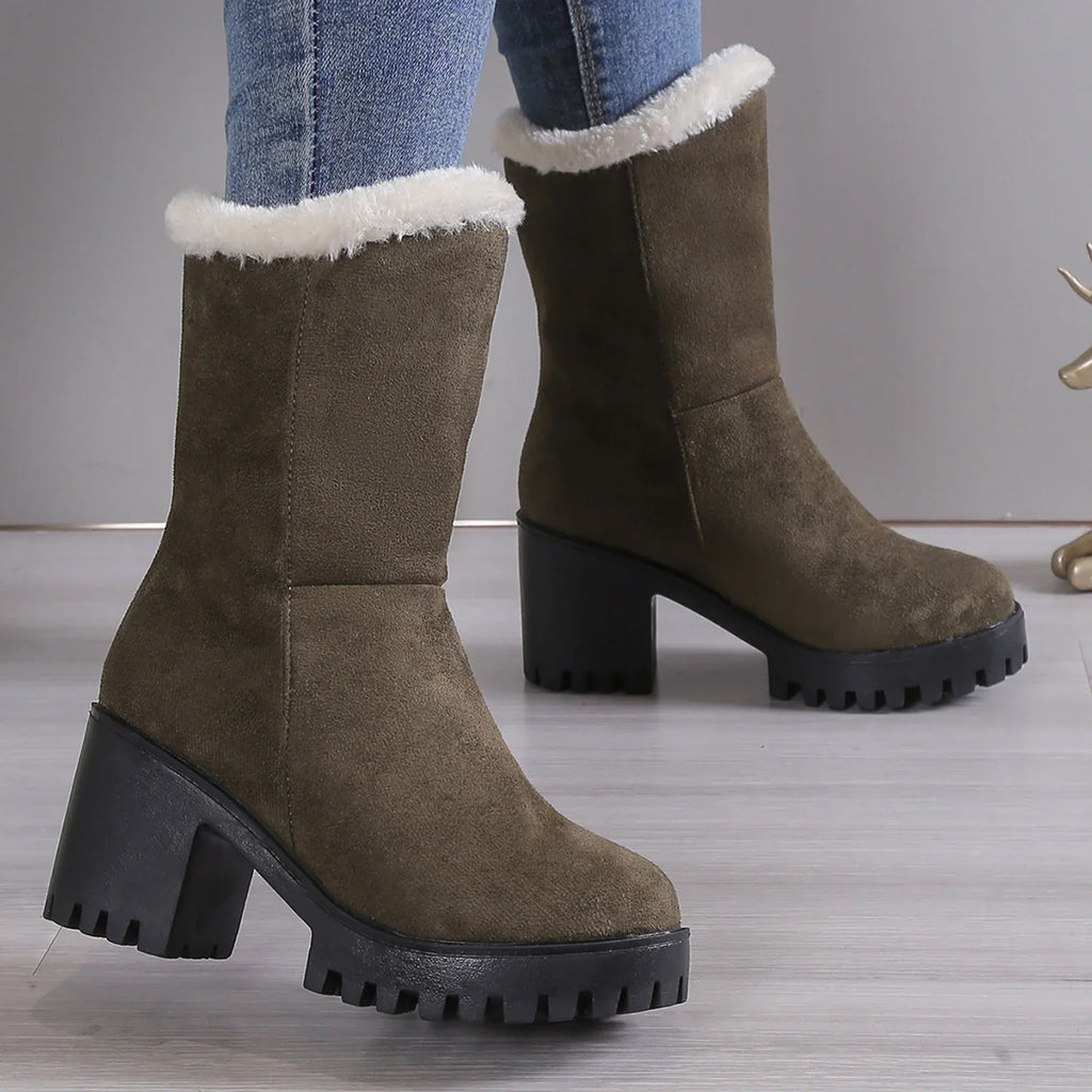 Wide Womens Hiking Boots Ladies Fashion Winter Plush Warm Solid Suede Thick High Heel Cotton Boots