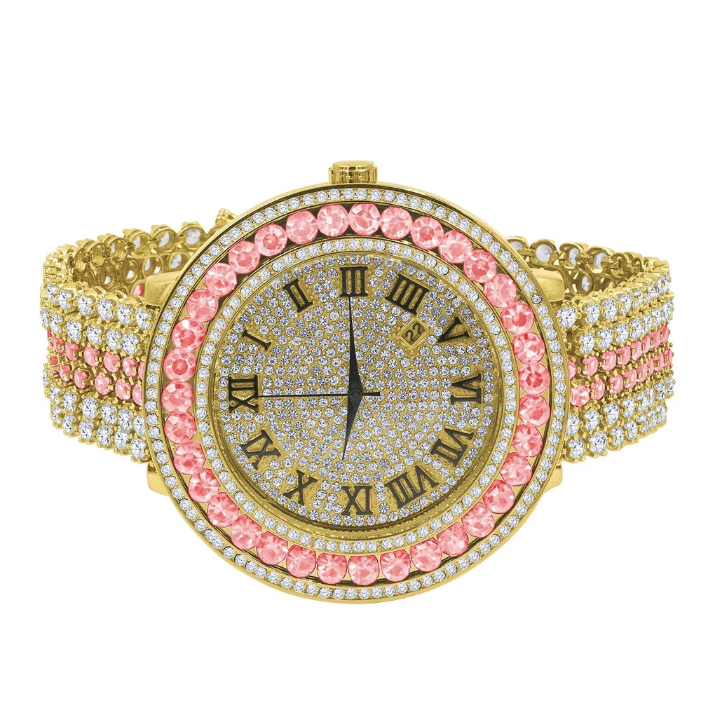 Mens Pink Tourmaline Roman Numeral Dial Big Face Simulated Diamond Gold Tone Jo Rodeo Adjustable Size Band Custom Watch