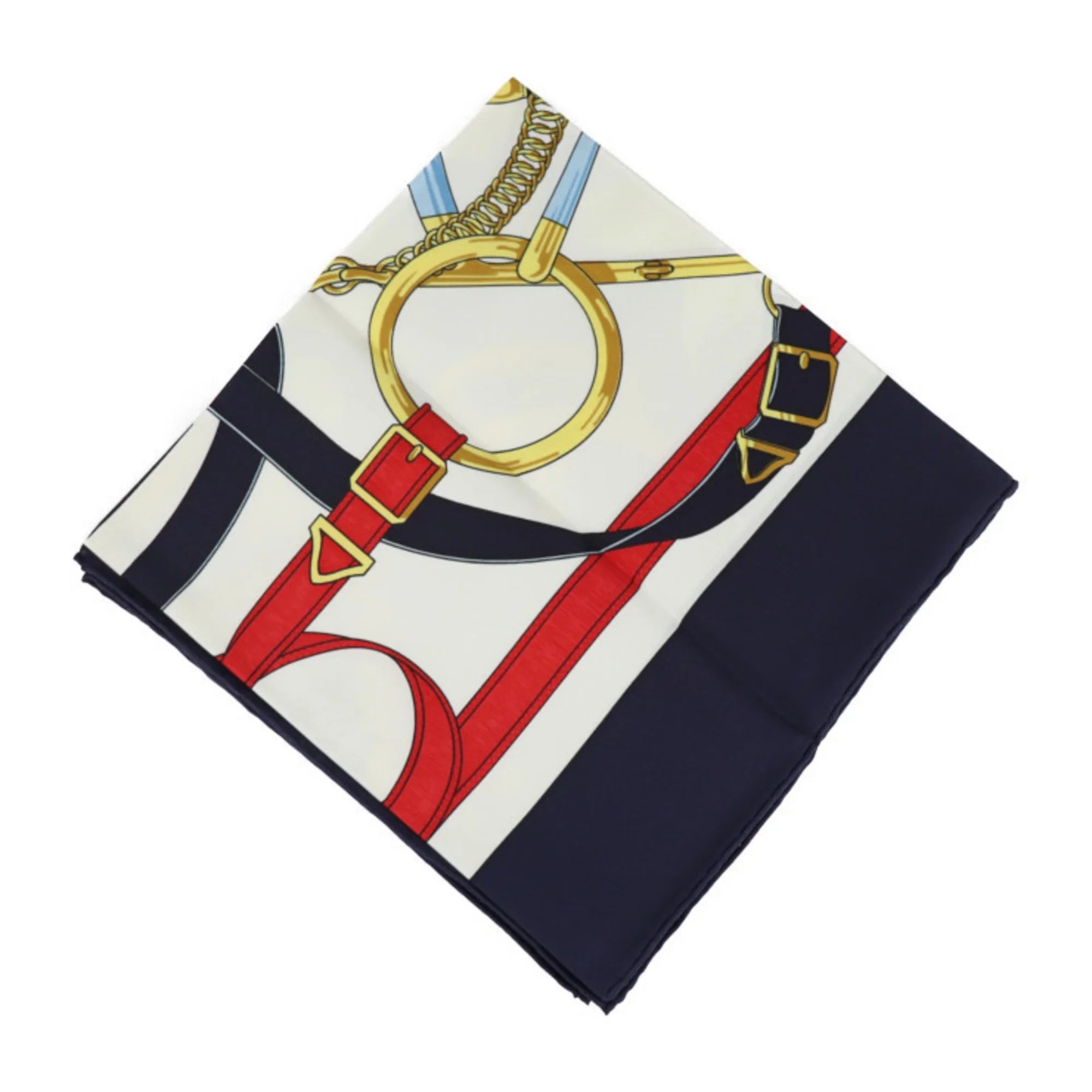 Pre-Owned HERMES Eperon d’or Golden Spurs Carre90 Scarf Silk Blue Multicolor (Like New)