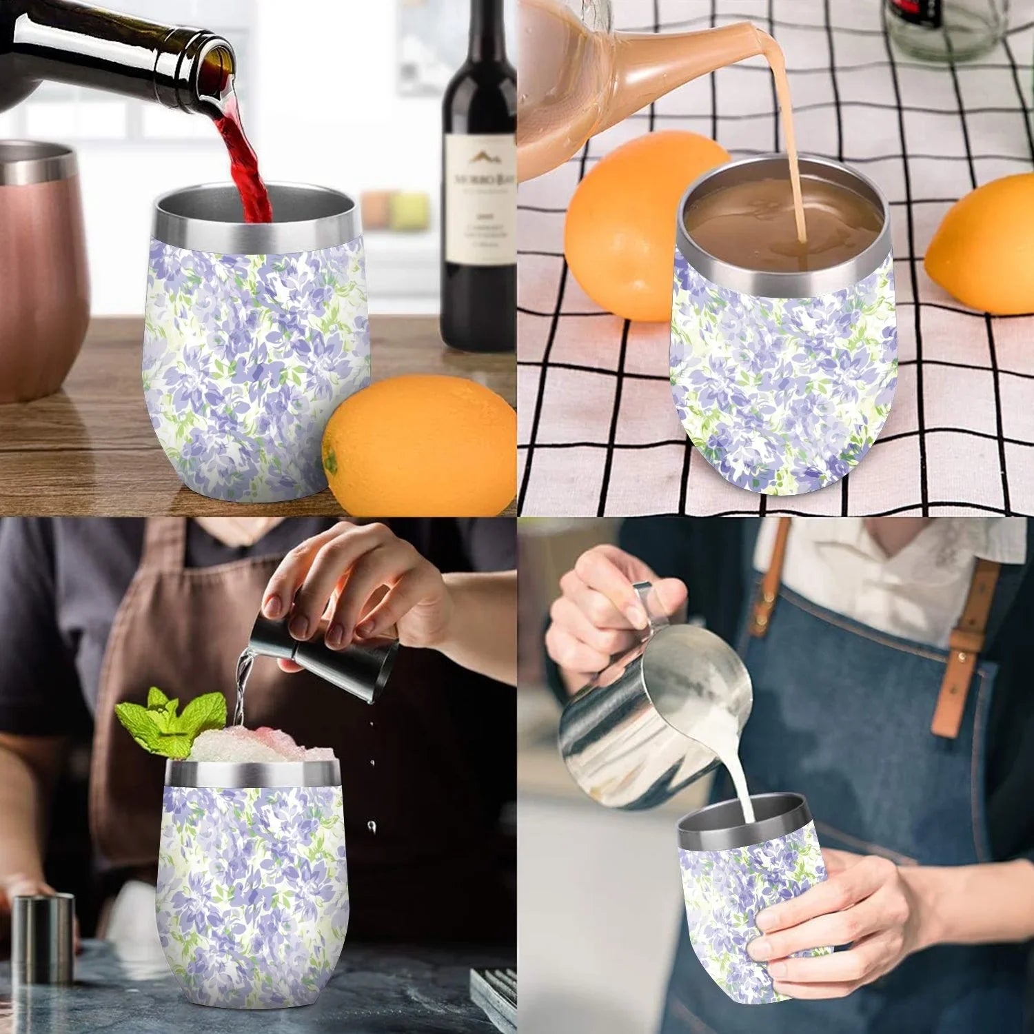Hidove 12oz 304 Stainless Steel Vacuum Insulated Cups, Blue with Green Floral Pattern Eggshell Cup U Shape Tumbler Cups with Lid, Double Layer Insulation Wine Cup Big Belly Cup