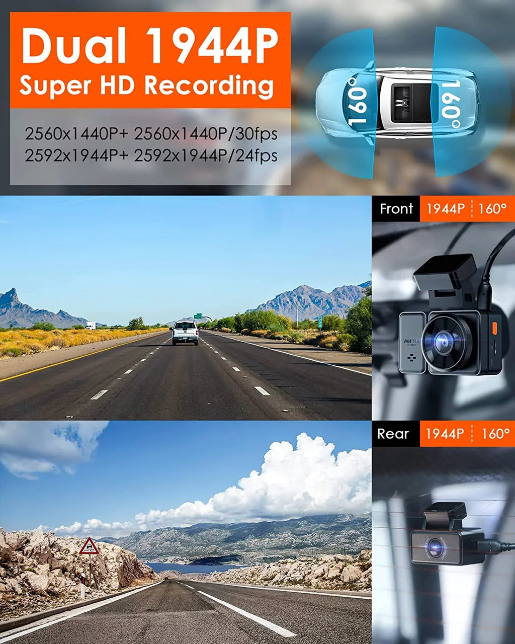 Vantrue E2 Dual 2.5K Front and Rear Dash Cam with 5G WiFi, GPS & Voice Control, 1944P+1944P Car Camera, 24hrs Buffered Parking Mode, Enhanced Night Vision, Motion Detection, Capacitor, Support 512GB