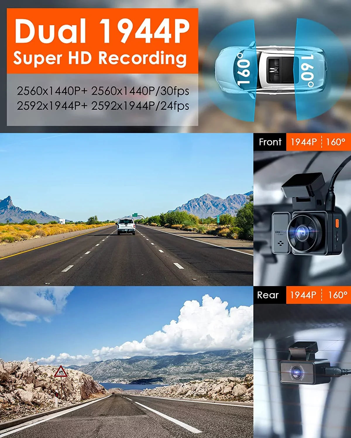 Vantrue E2 Dual 2.5K Front and Rear Dash Cam with 5G WiFi, GPS & Voice Control, 1944P+1944P Car Camera, 24hrs Buffered Parking Mode, Enhanced Night Vision, Motion Detection, Capacitor, Support 512GB