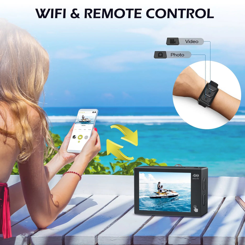 Campark 4K 30FPS Action Camera 20MP Sports Camera 131 Ft Liquid Fluid Camera WiFi Vlog Camera EIS 4.0 Zoom Support External Mic Remote Control