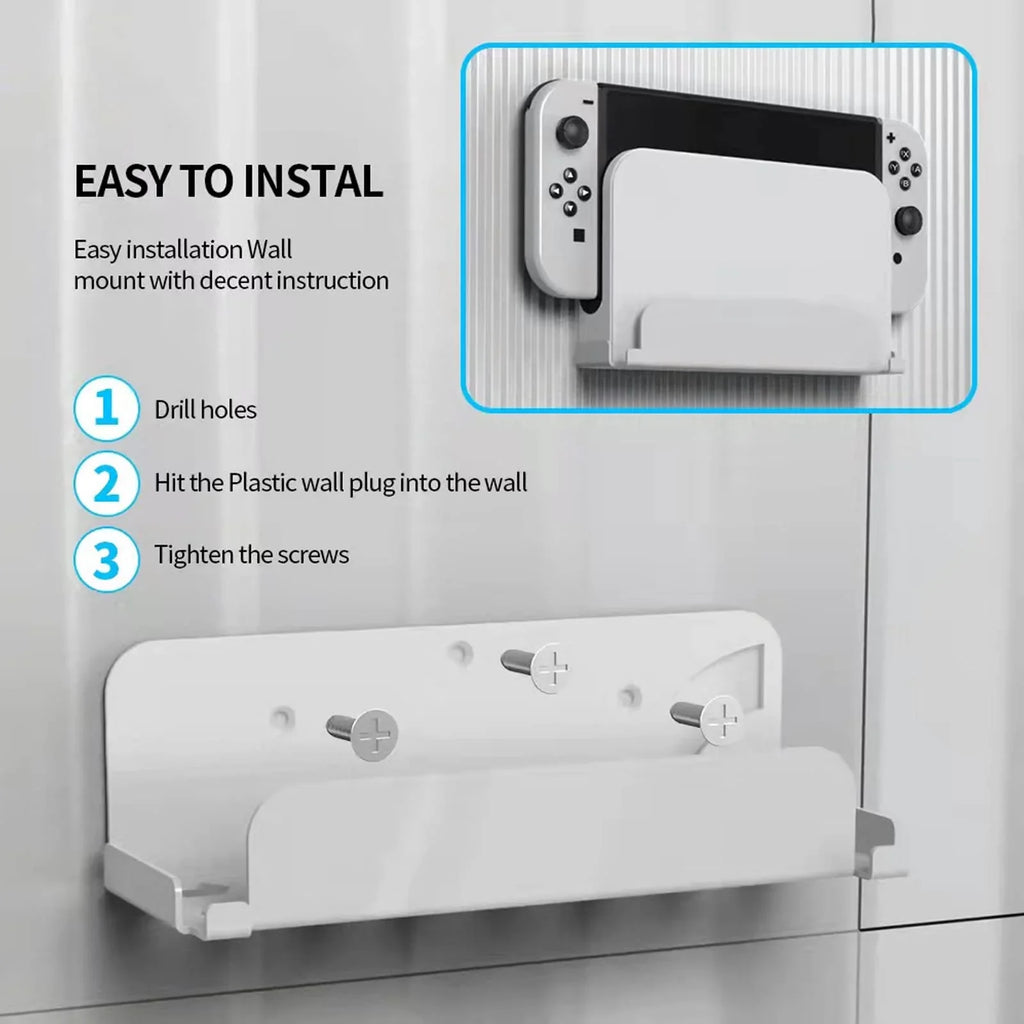 Wall Mount for Nintendo Switch and Switch OLED, Metal Wall Mount Kit Shelf Stand Accessories with Joy Con Hanger, Safely Store Switch OLED Console Behind or Near TV-White