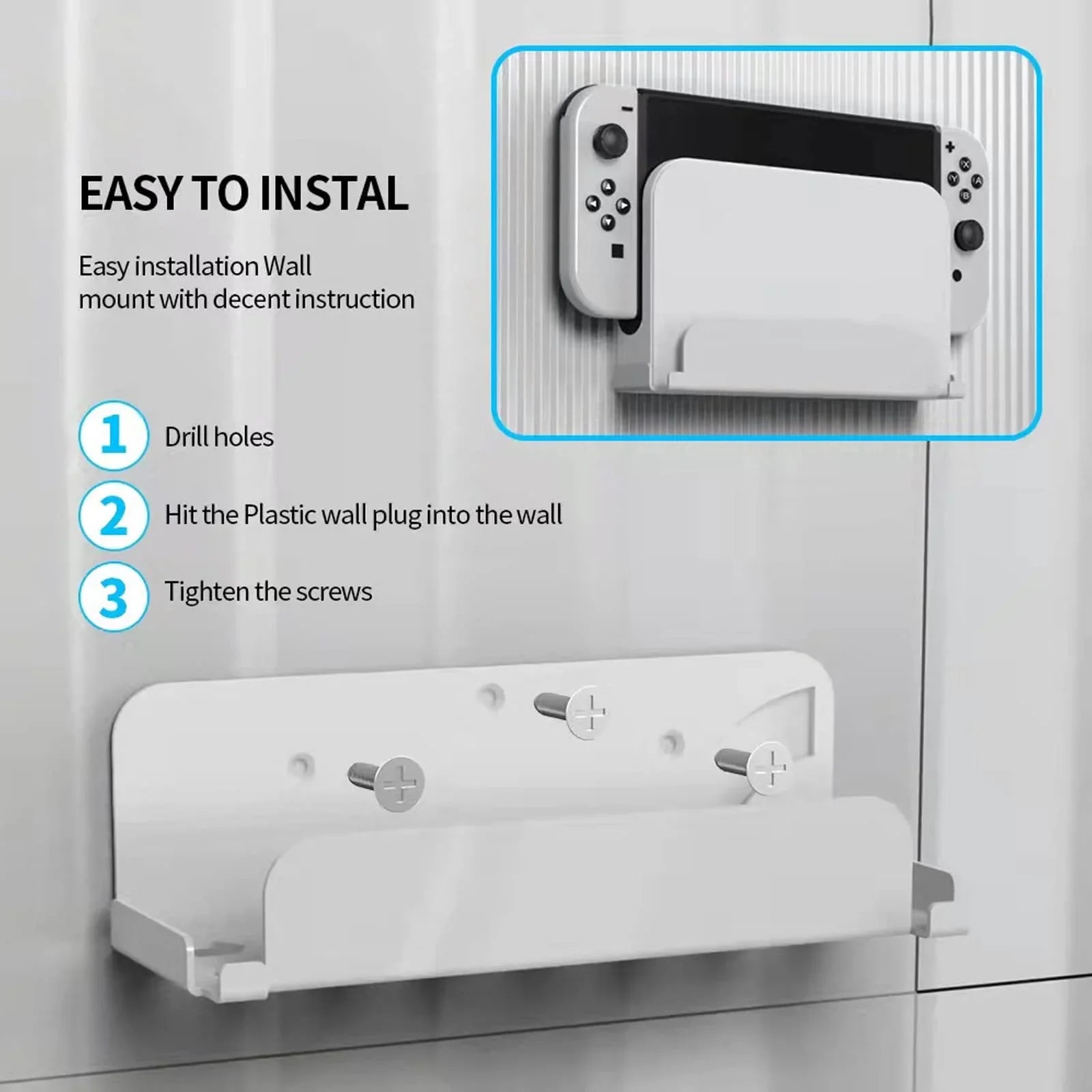 Wall Mount for Nintendo Switch and Switch OLED, Metal Wall Mount Kit Shelf Stand Accessories with Joy Con Hanger, Safely Store Switch OLED Console Behind or Near TV-White
