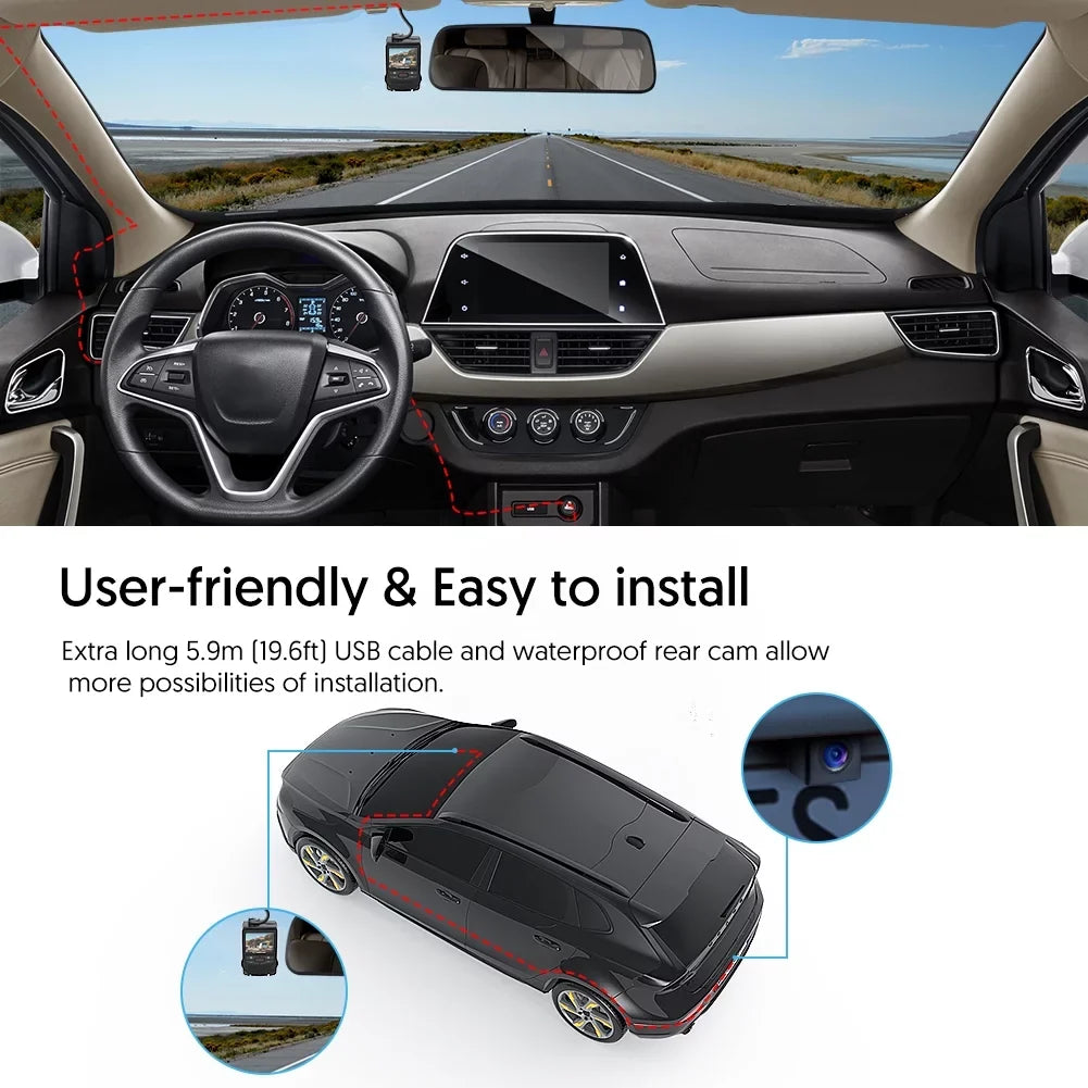 Crosstour CR600 Dual Dash Cam Front and Rear FHD 1080P Mini in Car Camera with Parking Monitoring,G-Sensor,WDR,Night Vision, Motion Detection, Loop Recording, Display Rotation