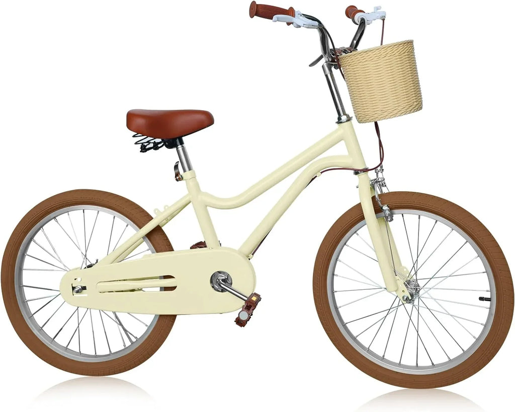 Wanan Kids Bike, 20 inch Large Size Kids' Bicycles for Girls and Boys Age 7-13, Retro Design Girls Bicycle with Handbrake and Basket, 20" Boys Bicycle for Large Kids without Training Wheels, Yellow