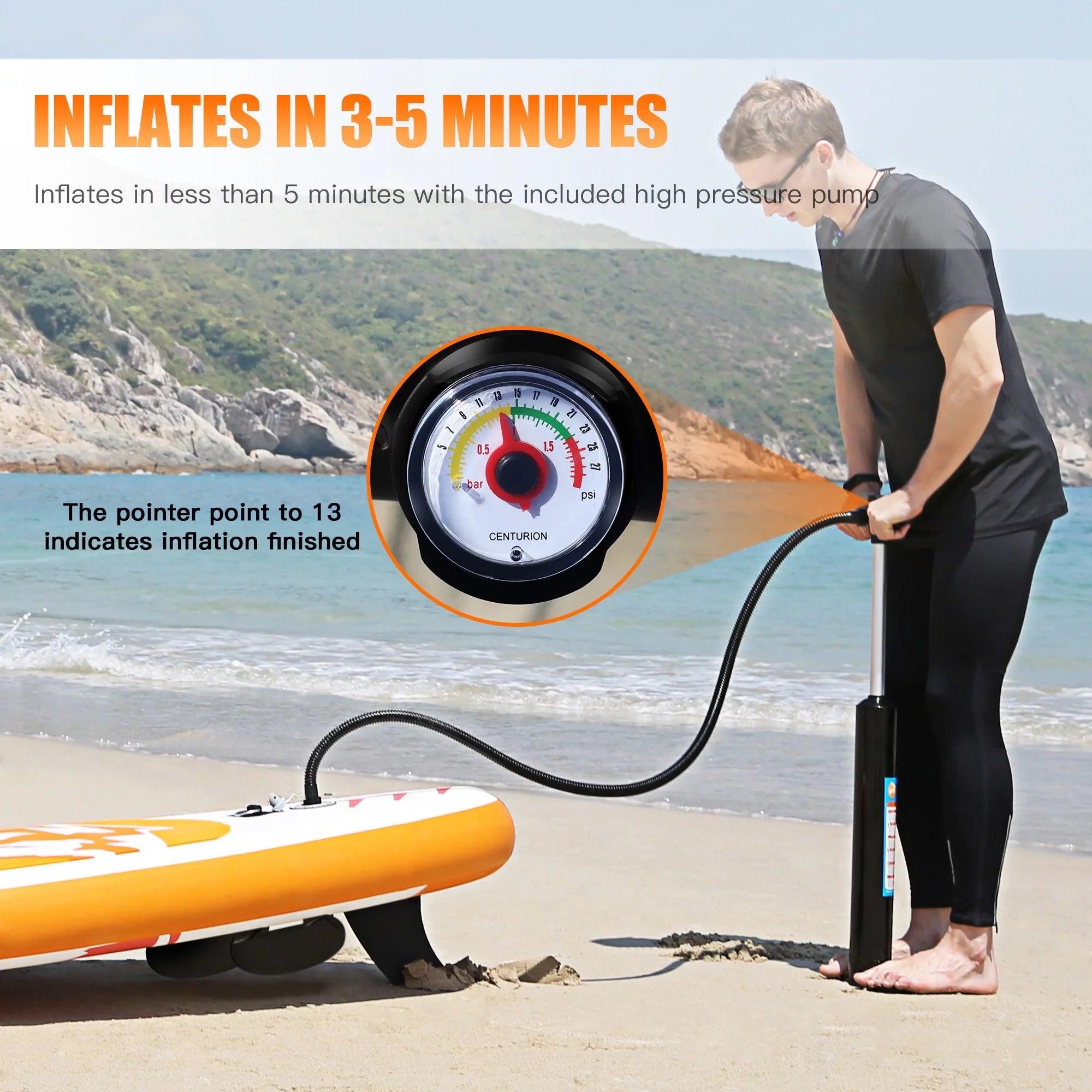 Famistar 10' Inflatable Stand Up Paddle Board (6"Thick) with SUP/ 3 Pins | Wide Stance, Bottom Fin for Paddling, Surf Control, Non-Slip Deck |Youth & Adult Standing Boat-Orange
