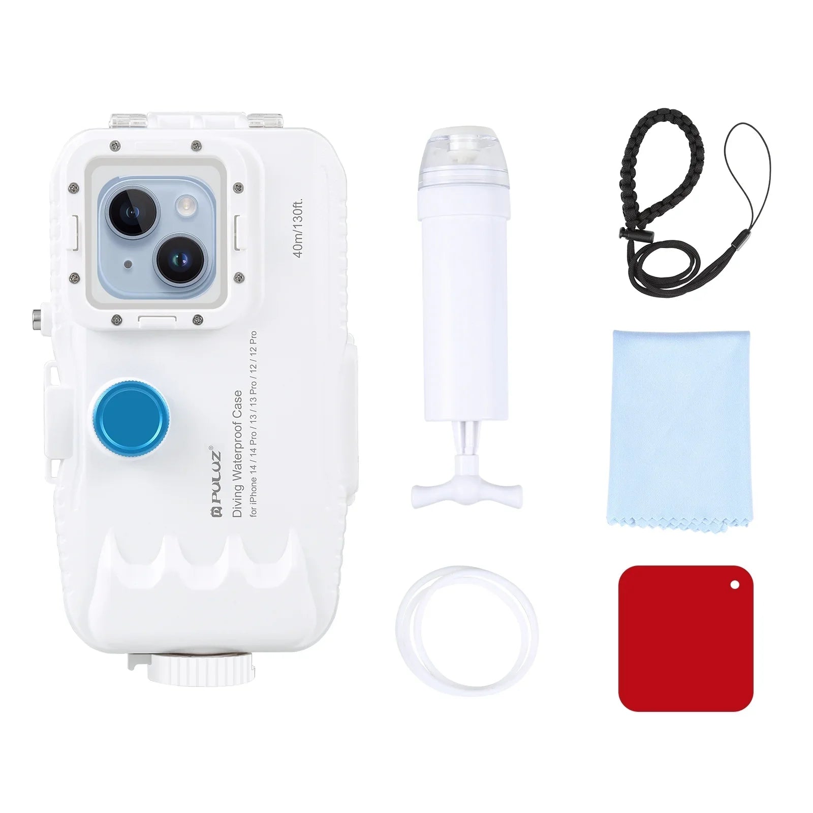 PULUZ 40M131ft Liquid Phone Case Diving Case Smartphone Fluid Housing Protective Case with Red Filter Neck Strap Cleaning Cloth Replacement for 14/ 14 / 13/ 13 / 12/ 12 P