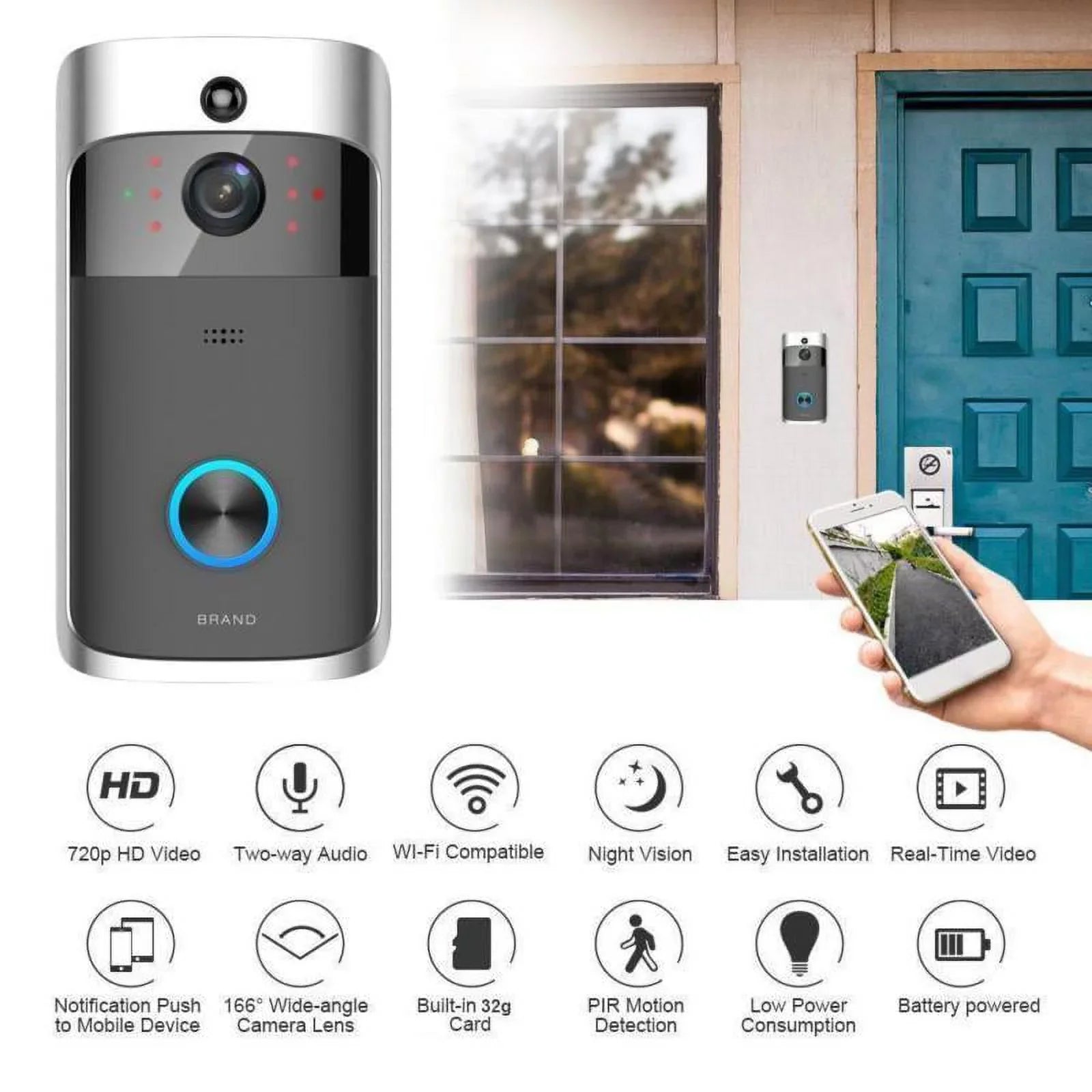 Smart Video Wireless WiFi Doorbell IR Visual Camera Record Security System Bell-Black