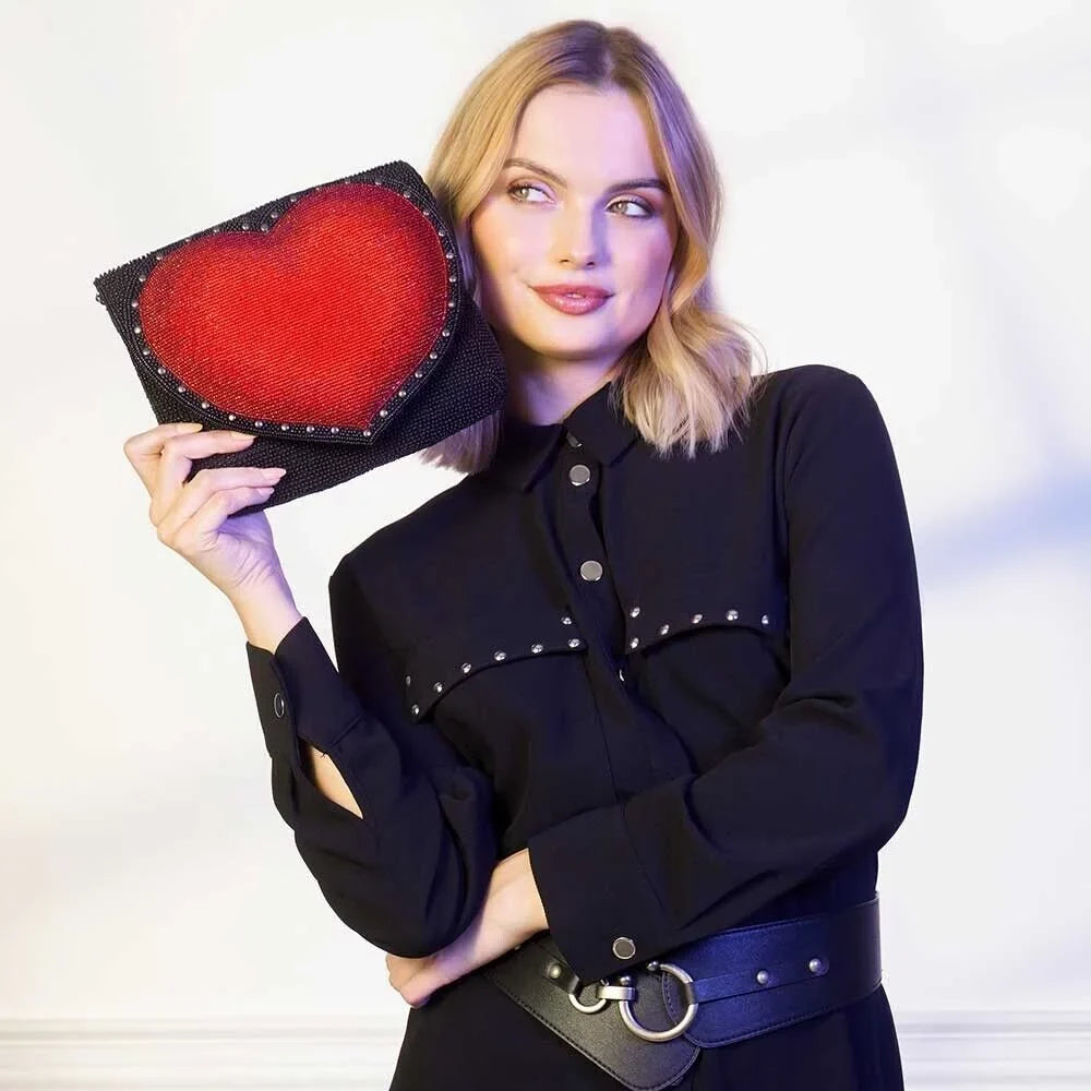 Mary Frances Big Heart Beaded Crossbody Clutch Handbag, Black
