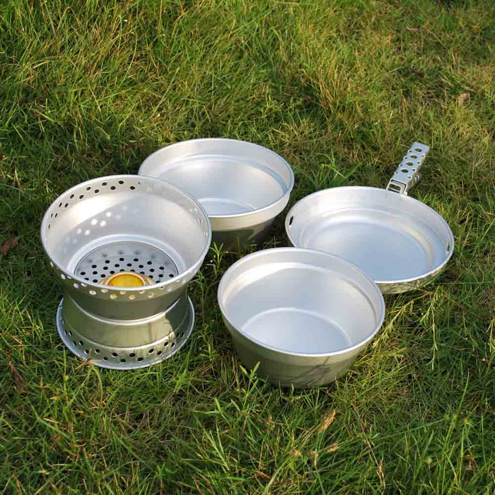 Radirus Portable Camping Cookware: Mess Kit Stove Spirit with Stand Pot Pan and Gripper, Ideal for Backpacking Hiking Picnic BBQ