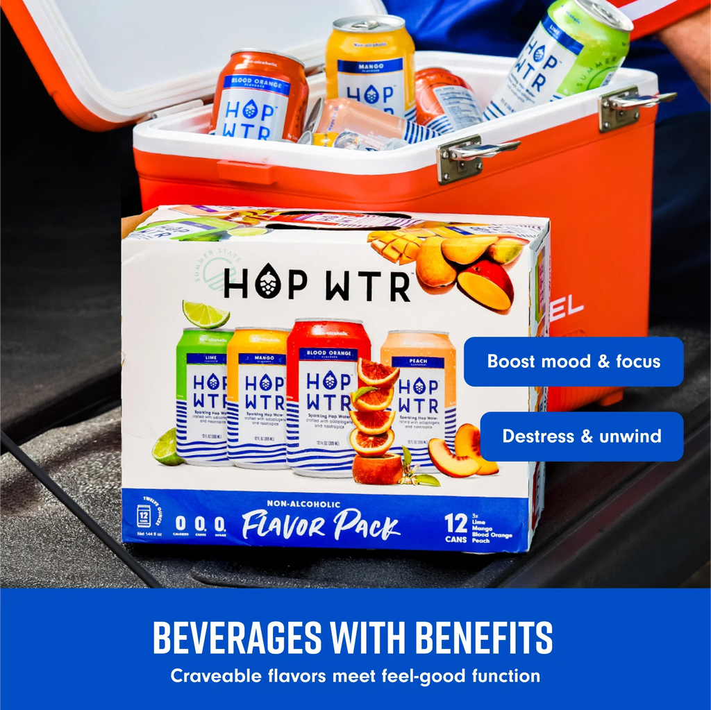 HOP WTR - Sparkling Hop Fluid - Flavor Pack (12 Pack) - NA Beer, No Calories or Sugar, Low Carb, With Adaptogens and Nootropics for Added Benefits (12 oz Cans)