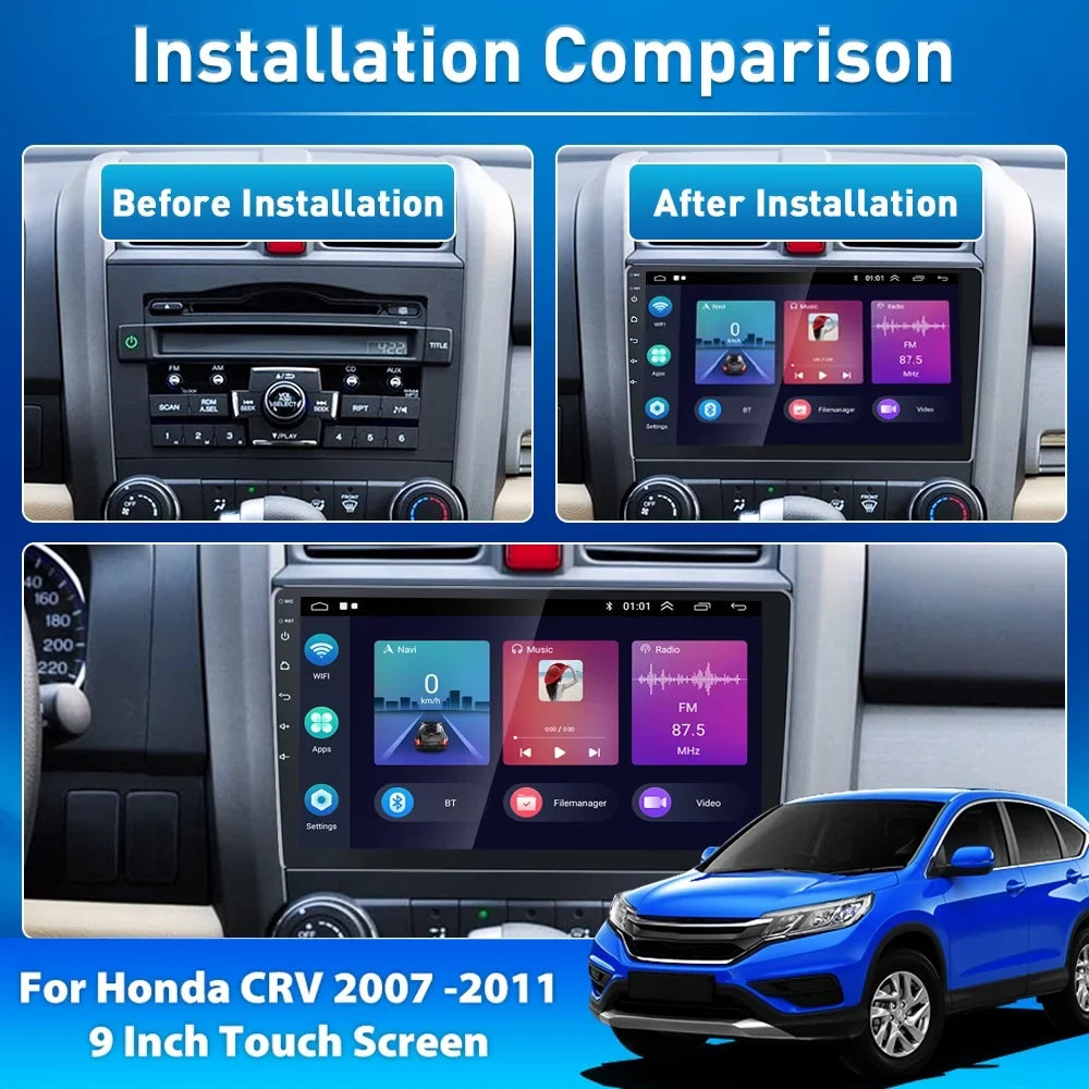 For Honda CRV 2007-2011 9'' Monitor Car Stereo Radio Player Wireless Carplay Android Auto Mirror Link HD 1080P Android 12 Bluetooth WIFI GPS FM USB Hifi, AHD Backup Camera