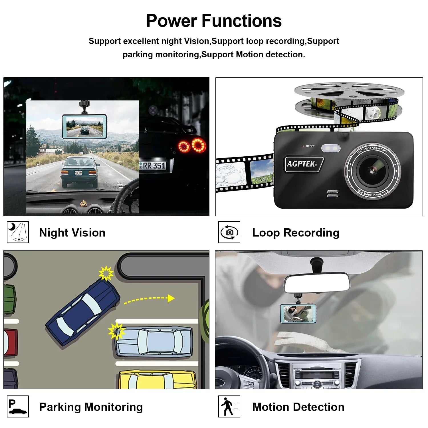 AGPtek 4" Vehicle Video Recorder Night Vision Parking Monitor 1080P Car Dashboard DVR Camera G-Sensor Dash Camera