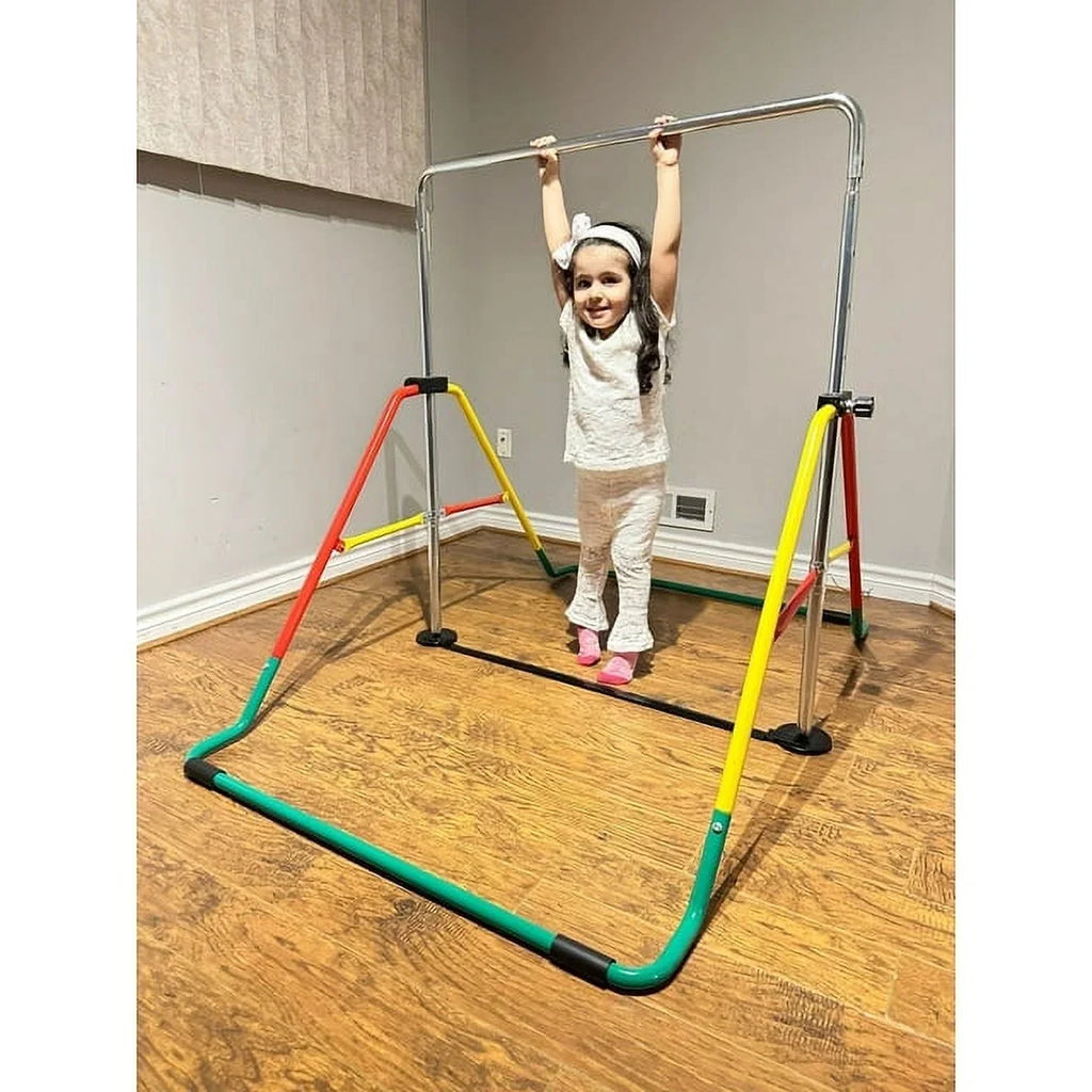 Height-Adjustable Kids' Gymnastics Bar - Home Training Bar for Junior Gymnasts - Folding Monkey Bar Playground Equipment - Expandable Horizontal Kip Bar for Boys/Girls (Red/Yellow)