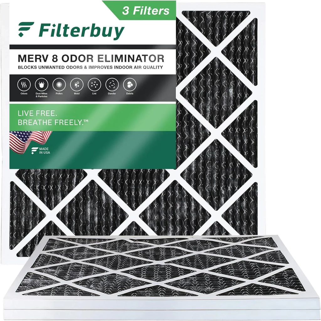 Filterbuy 25x25x1 MERV 8 Odor Eliminator Pleated HVAC AC Furnace Air Filters with Activated Carbon (3-Pack)