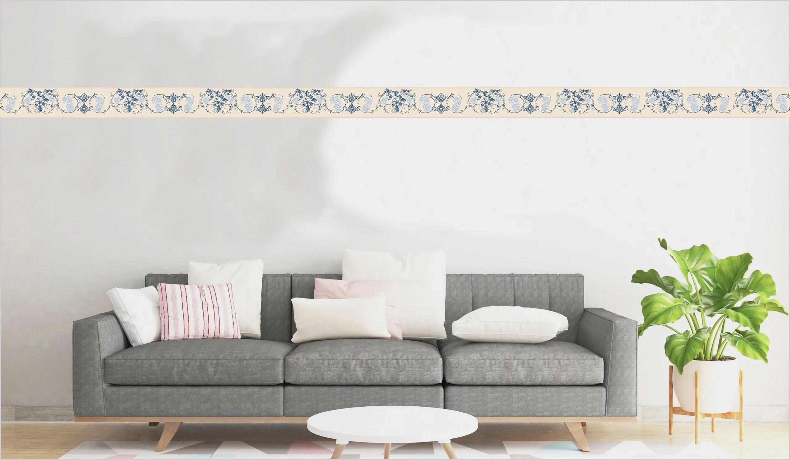 Dundee Deco's Peel and Stick Wallpaper Border - Damask Blue Vines Flowers Scrolls Wall Border Retro Design, 15 ft x 7 in, Self Adhesive
