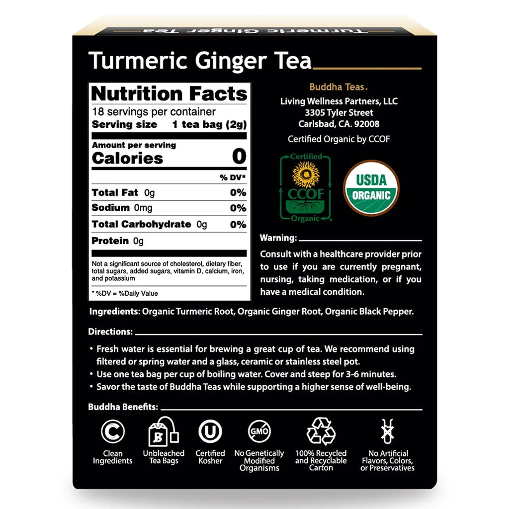 Buddha Teas Organic Turmeric Ginger Tea Bags Antioxidant Herbal Detox Drink 3 Boxes