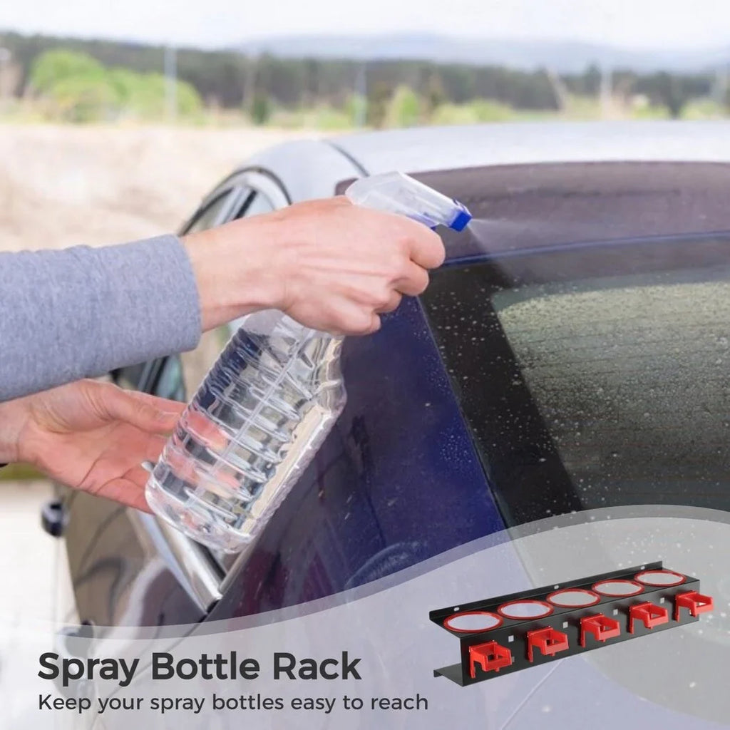 2Pcs Spray Bottle Storage Racks, Squeeze Bottle Holders, Wall Mount Organizers with 5 Holes & 5 Hooks, Auto Cleaning Detailing Tools Hangers, Car Beauty Shop Accessories