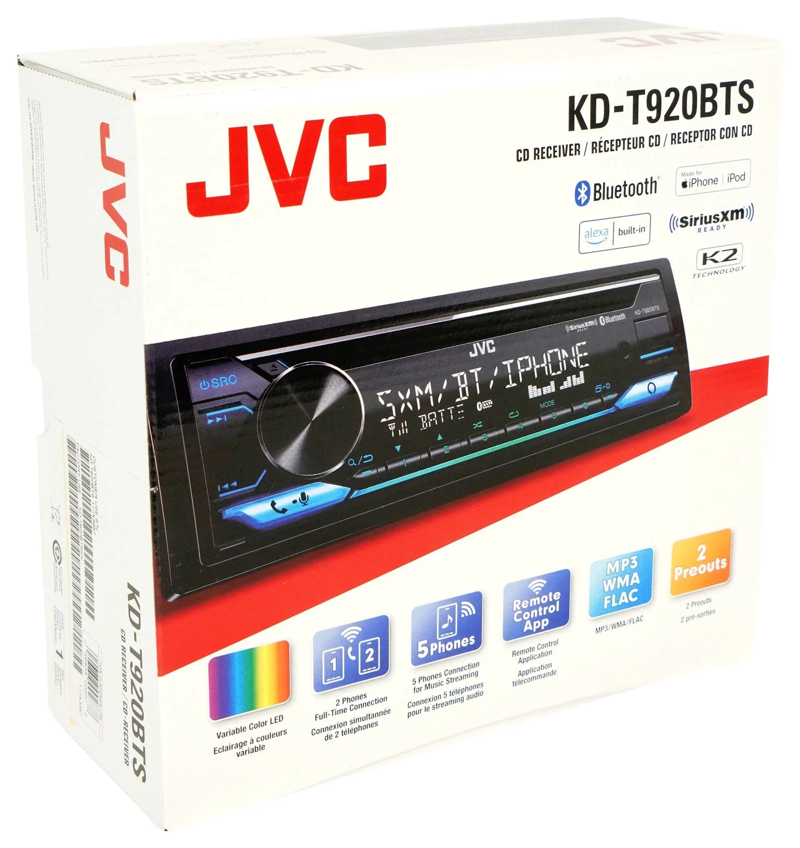 JVC KD-T920BTS Car in-Dash Unit, Single-DIN CD Receiver w/ Bluetooth/Alexa Built-in/SiriusXM Ready