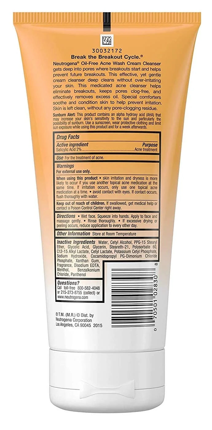 Neutrogena Acne Wash Cream Cleanser 6.7 Ounce (200Ml) (Pack Of 3)