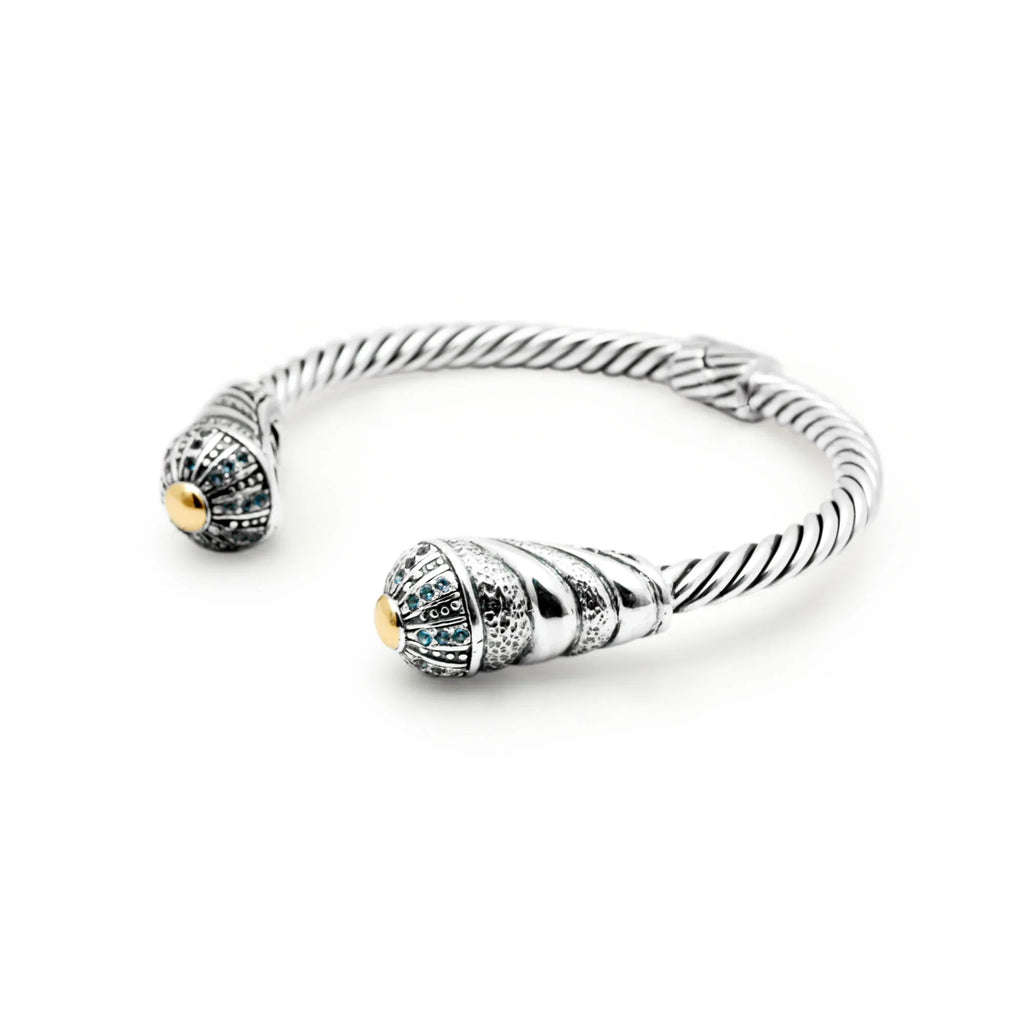 Deni Jewelry 18K Gold & Silver cable cuff bracelet, Blue Topaz Pave Setting