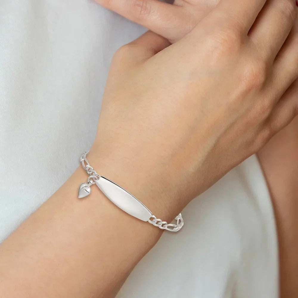 Auriga Fine Jewelry 925 Sterling Silver ID with Heart Figaro Link 8inch Bracelet for Women