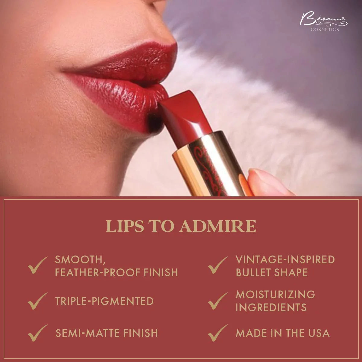 Besame Cosmetics Classic Color Lipstick, Noir Red, 0.8 Ounce
