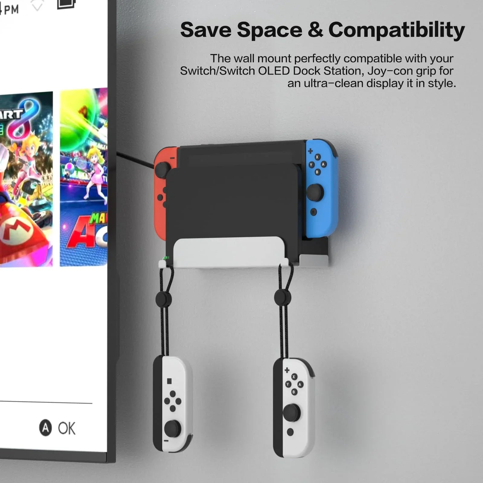 Wall Mount for Nintendo Switch and Switch OLED, Metal Wall Mount Kit Shelf Stand Accessories with Joy Con Hanger, Safely Store Switch OLED Console Behind or Near TV-White